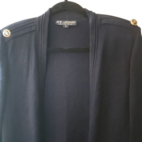 St. John Basics Cardigan Sweater Jacket Santana Knit Navy Blue Gold Accents Med - Picture 13 of 14
